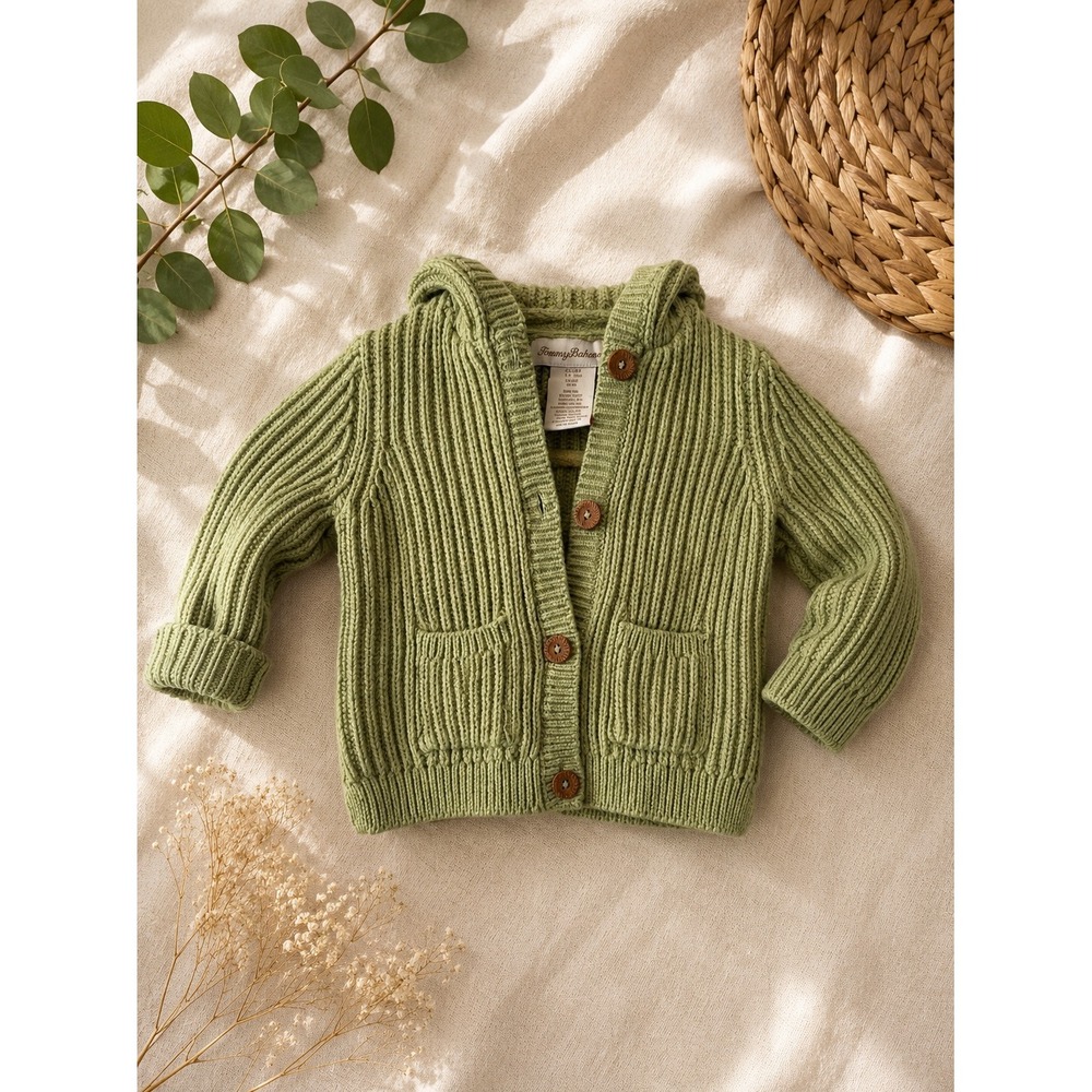 Tommy‎ Bahama Kids Sage Green Ribbed Knit Hooded Cardigan Sweater 12M Button Up
